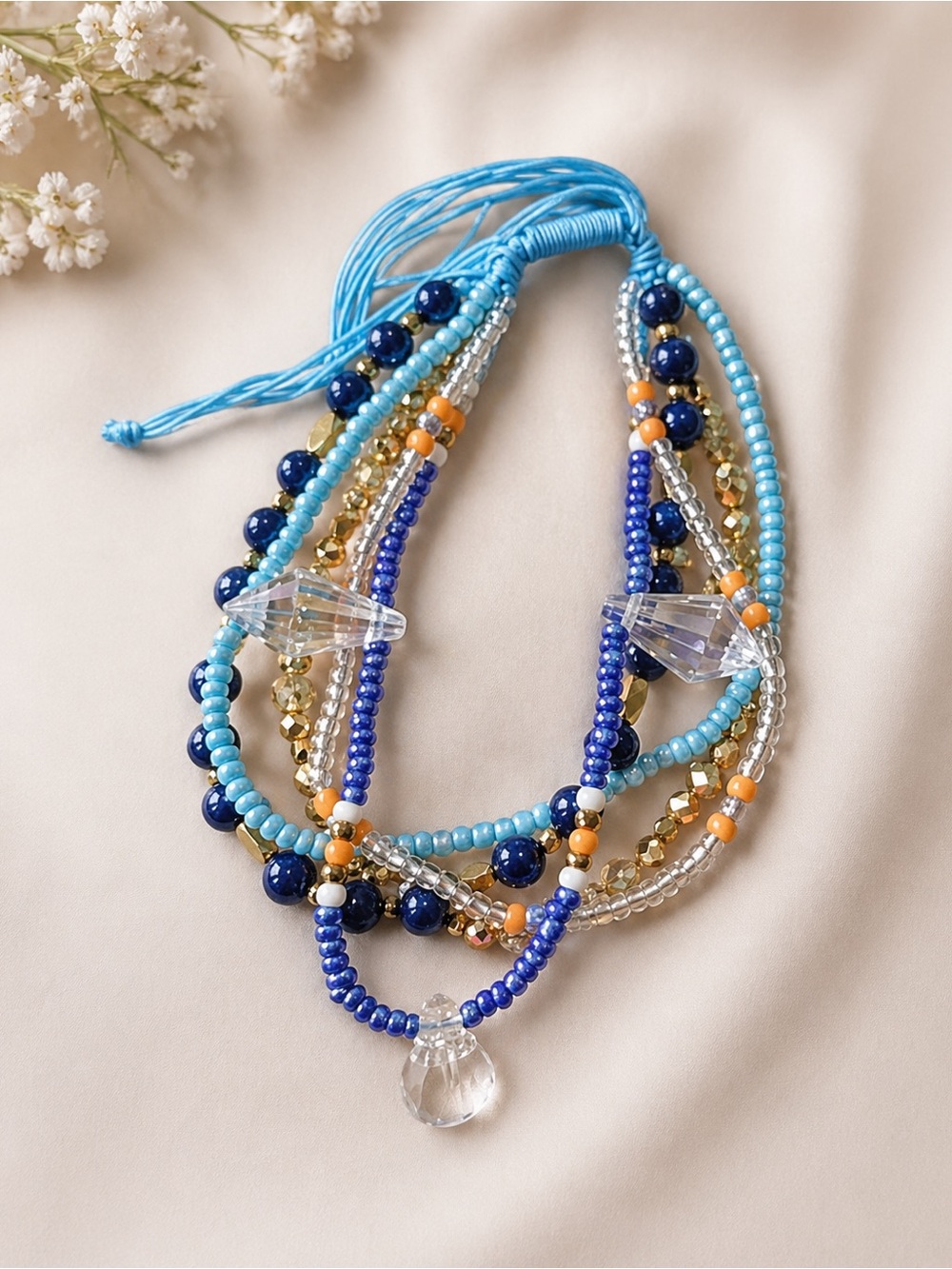 Sparkling Glass Seed Beads 5 Layered Anklet, Natural Lapis Lazuli & Non-magnetic